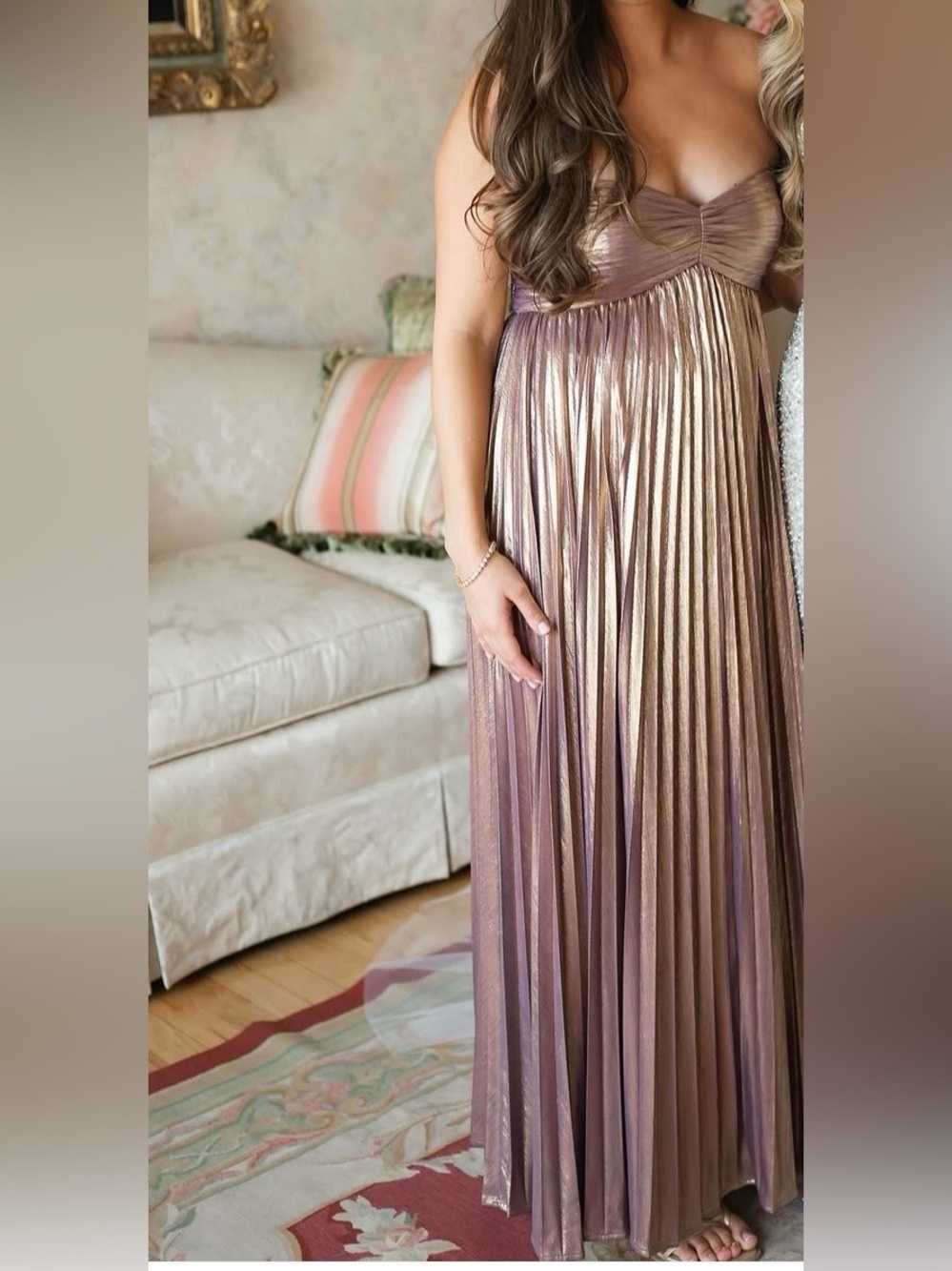 Strapless Metallic Pleated Gown in Rose Gold - Picture 2 of 3